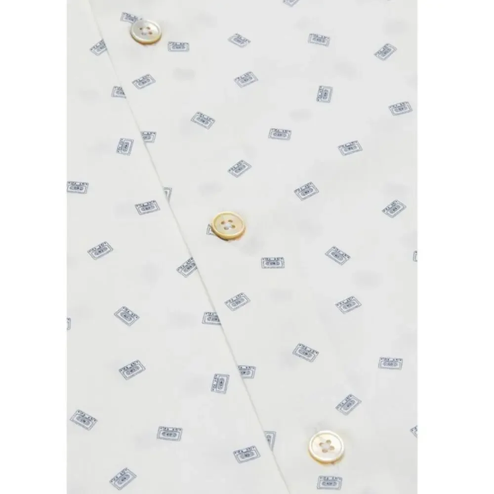 Paul Smith Italy Cassette Tape Print Cotton Dress Shirt White Navy Men's 17.5